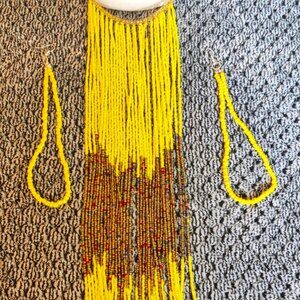 Bohemian Style Exaggerated Long Tassel Beaded Necklace with matching earrings